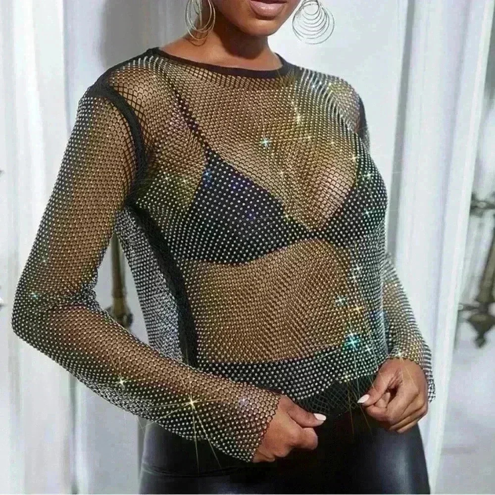 NWOT Mesh Crop Rhinestone Top